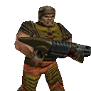 A pixelated soldier character holding a large weapon while marching forward.