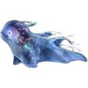 A translucent, glowing blue and purple cosmic slug floating with nebula-like patterns inside its body.