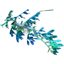 Leafy sea dragon with intricate blue and green foliage-like appendages floating against a light blue background.