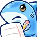 A blue cartoon shark with a serious expression holding a pencil and writing on a piece of paper.