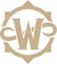 A tan and black monogram badge featuring the letters C and W inside an ornate geometric frame.