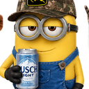 A yellow minion wearing a camouflage hat and holding a blue beer can with a relaxed expression.