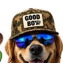 A smiling golden retriever wearing reflective blue sunglasses and a camouflage baseball cap.