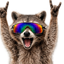 A raccoon wearing rainbow sunglasses with its arms raised in the air, making rock and roll hand gestures.