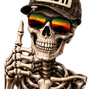 Skeleton wearing a baseball cap and sunglasses giving a thumbs-up gesture.