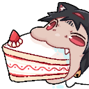 Anime character head with cat ears biting into a large slice of strawberry cake.