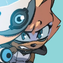 An anthropomorphic fox with brown fur and blue eyes looking intensely determined.