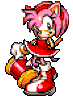 A pink anthropomorphic hedgehog with a red dress and boots stands holding a large red hammer in various poses.
