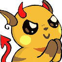 A yellow creature with red devil horns and a tail, looking up with a mischievous and plotting expression.