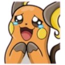 Raichu with a wide happy smile and tears streaming down its face.