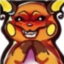 A stylized orange rodent with large ears and a wide, sinister, toothy grin.