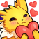A spiky yellow creature with a happy expression holding a red heart to its face.