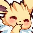 A yellow creature with large ears and a white collar giggling with a blushing, happy expression.