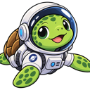 A cute green turtle wearing a white astronaut helmet and suit looking up with a happy expression.