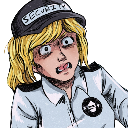 A blonde woman wearing a security guard hat and uniform with a terrified, wide-eyed expression.