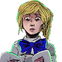 A blonde person with a large blue bow looking wide-eyed and shocked.