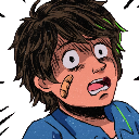 A young boy with messy hair and a bandaged cheek looking terrified with wide, panicked eyes.