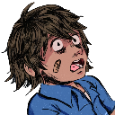 A young boy with brown hair and a blue shirt looking terrified with wide eyes and an open mouth.
