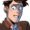 A young man with brown hair looks sideways with wide eyes and a nervous, tight-lipped smile.