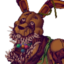 A yellow animatronic rabbit with a decaying face and wide, hollow eyes stares blankly.