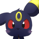 A dark-furred creature with glowing red eyes and a yellow forehead mark looking angry and annoyed.