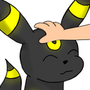 Umbreon with yellow markings and closed eyes being gently patted on the head by a human hand.