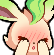 A cute creature with green hair blushing deeply while covering its eyes with its hands.