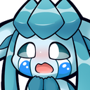 A blue creature with large, teary eyes looking distressed and holding its hands together.