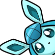 A light blue creature with a crystalline headpiece peeking from the side with large, curious eyes.