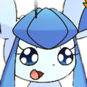 A blue anime-style character with large sparkling eyes and an open mouth with its tongue sticking out.