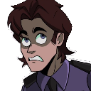 A young man in a purple uniform with wide, fearful eyes and a tense expression.