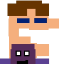 A small purple pixelated character peeking from behind a larger tan-skinned person.