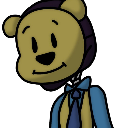 A cartoon bear with a yellow face and purple hood wearing a blue shirt and tie, smiling politely.