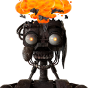 A metallic robotic endoskeleton with glowing eyes and a bright orange explosion erupting from the top of its head.