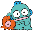 A blue fish with wide eyes and an orange octopus with a round mouth standing together.