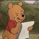 Winnie the Pooh with a suspicious expression holding a pencil and writing on a notepad.