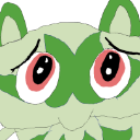 Green creature with large, watery red eyes looking down in a state of deep sadness.