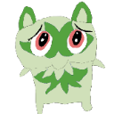 A small green creature with large, watery pink eyes looking sad and distressed.