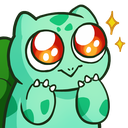 Bulbasaur with giant, sparkling red eyes looking up with an expression of pure adoration.