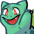Bulbasaur with a wide, mischievous, toothy grin and red eyes.