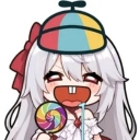 Anime girl with white hair wearing a colorful propeller hat, drooling while holding a rainbow lollipop.