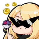 Blonde anime girl wearing large angular sunglasses with a smug expression while spinning a small purple and white sphere on …