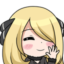 Anime girl with blonde hair blushing and waving her hand.