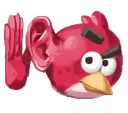 A red bird character with a large human ear held up to its head as if listening closely.