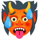 Orange demon with horns and wide eyes sweating profusely with its tongue sticking out.