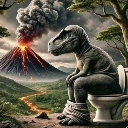 A T-Rex sits on a toilet in a prehistoric landscape while a volcano erupts in the background.