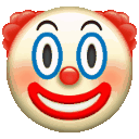 Four identical clown faces with white skin, blue eyes, and red noses arranged in a horizontal row.