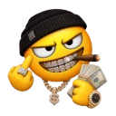 A yellow smiley face wearing a black beanie and silver grill, holding a stack of cash and smoking a cigar.