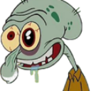 A green cartoon cephalopod character with bulging, mismatched eyes and a wide, manic grin.