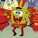 SpongeBob SquarePants smiling while wearing a red marching band uniform.